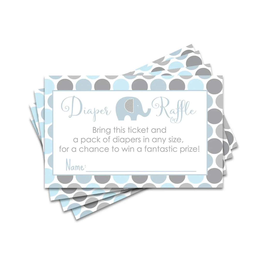 Blue Elephant Diaper Raffle Tickets - Baby Shower Game Inserts by Paper Clever Party, 25 Pack, 2x3.5 - Paper Clever Party