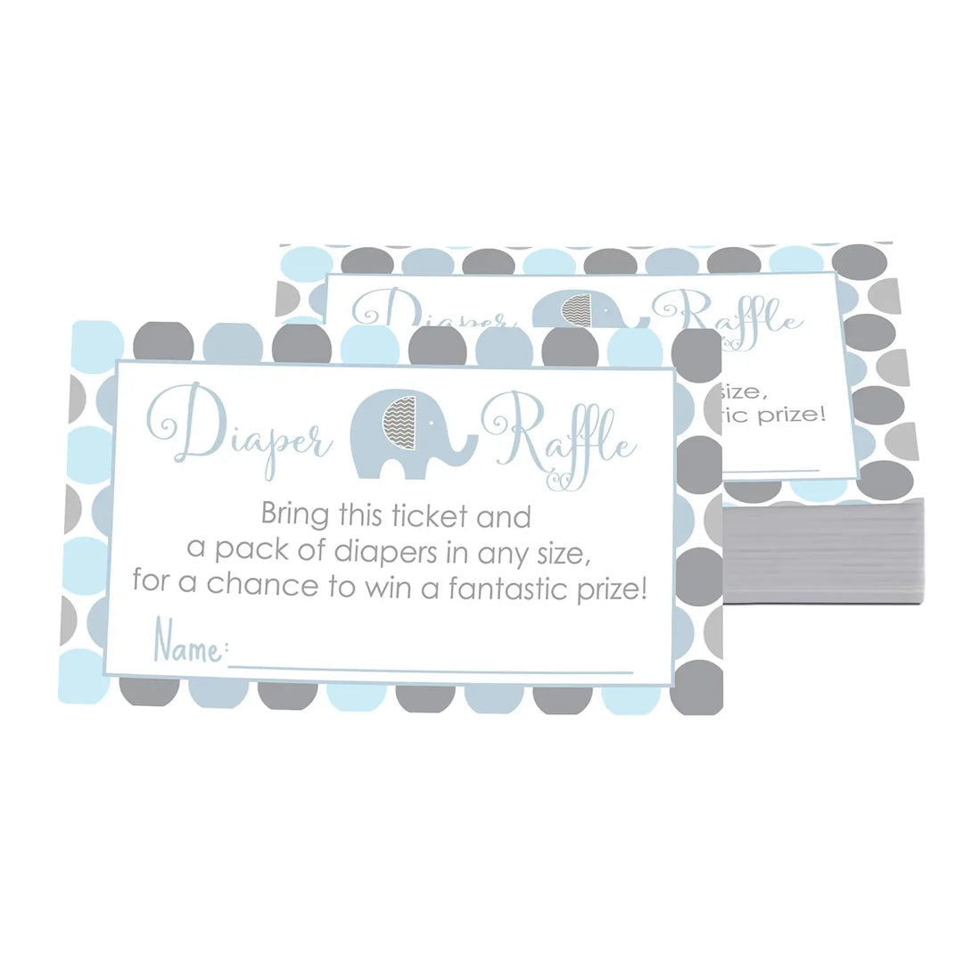 Blue Elephant Diaper Raffle Tickets - Baby Shower Game Inserts by Paper Clever Party, 25 Pack, 2x3.5 - Paper Clever Party