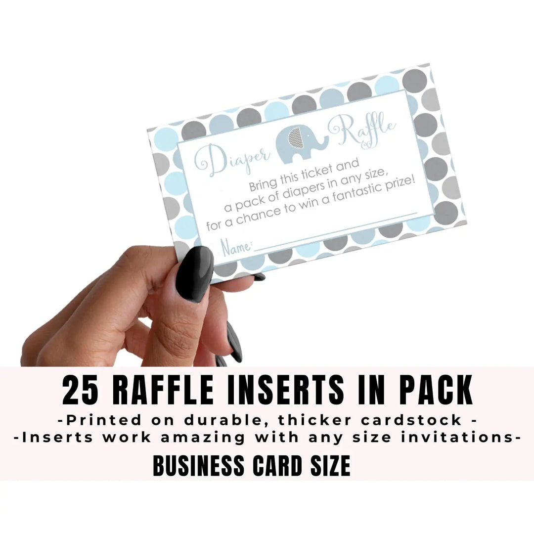 Blue Elephant Diaper Raffle Tickets - Baby Shower Game Inserts by Paper Clever Party, 25 Pack, 2x3.5 - Paper Clever Party