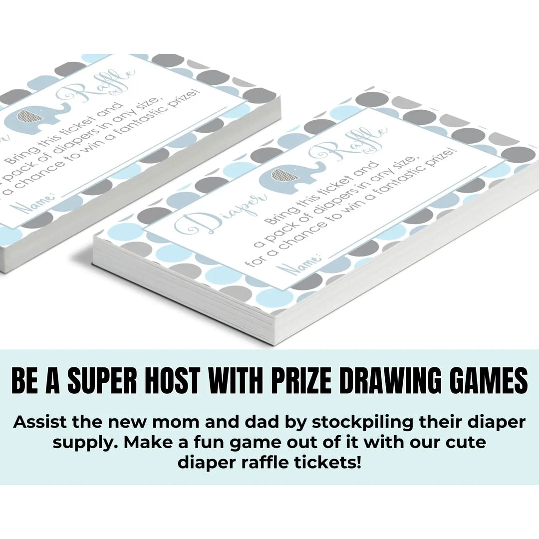 Blue Elephant Diaper Raffle Tickets - Baby Shower Game Inserts by Paper Clever Party, 25 Pack, 2x3.5 - Paper Clever Party