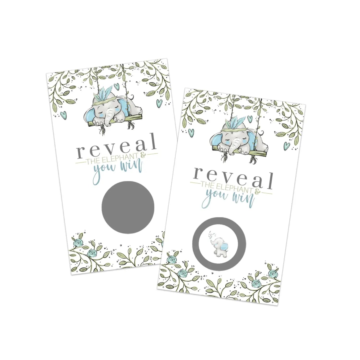 Blue elephant & greenery scratch off game (30 pack) - jungle theme boys baby shower prince party favors - games