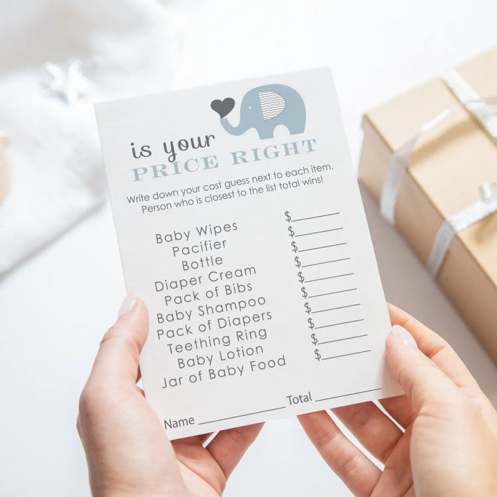 Blue & Grey Elephant Baby Shower Guessing Game - Paper Clever Party