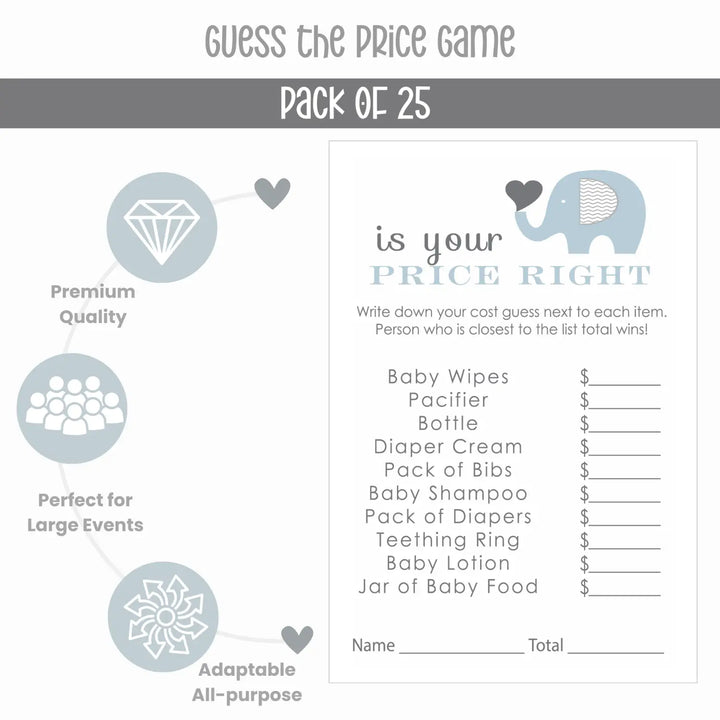 Blue & Grey Elephant Baby Shower Guessing Game - Paper Clever Party