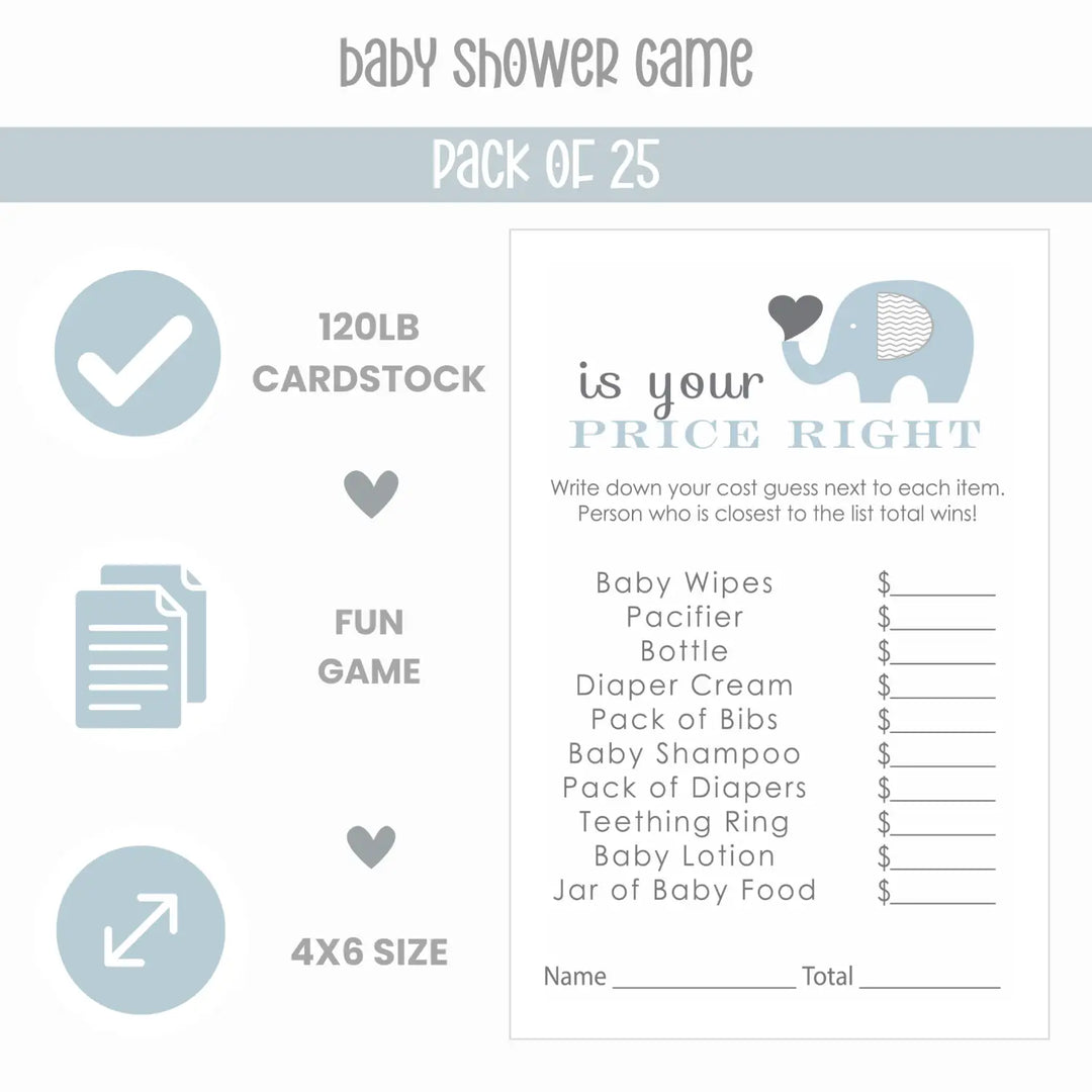 Blue & Grey Elephant Baby Shower Guessing Game - Paper Clever Party