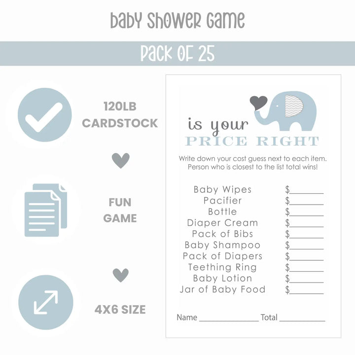 Blue & Grey Elephant Baby Shower Guessing Game - Paper Clever Party