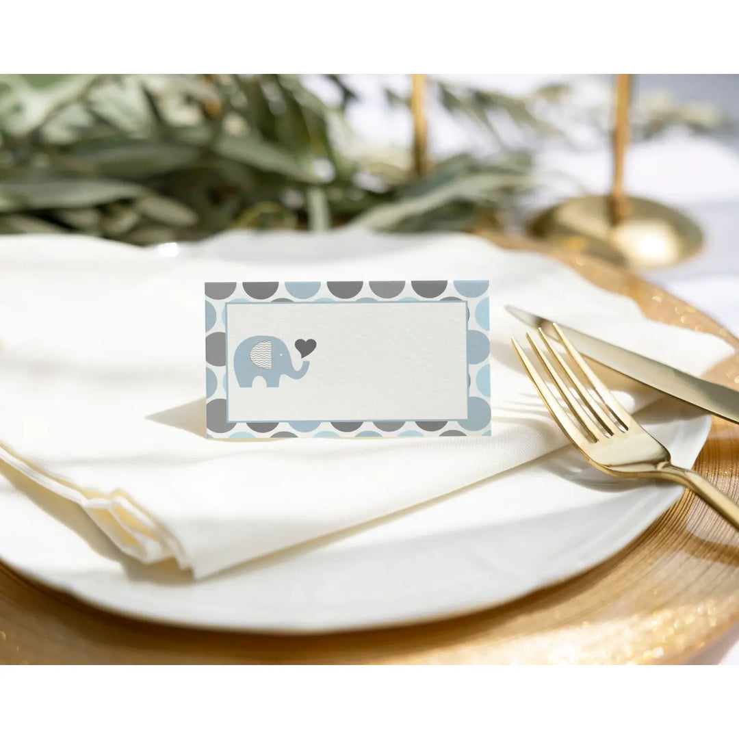 Blue & Grey Elephant Place Cards (25-Pack) - Paper Clever Party