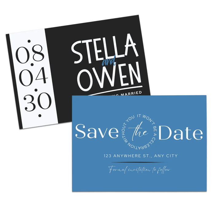 Custom Celestial Blue and Black Save the Date Cards - Personalized 4x6 Inch Invitations with Elegant Typography and White Envelopes - Perfect for Weddings, Birthdays, and Showers