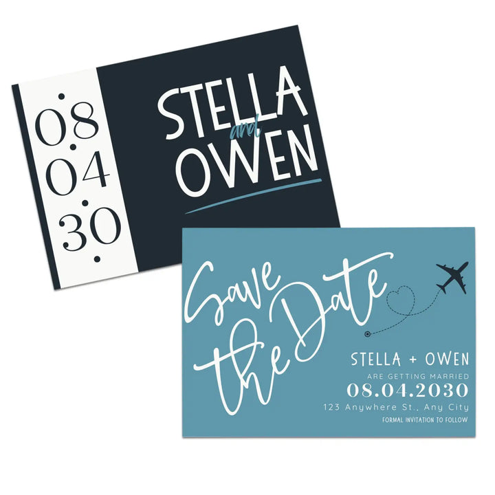 Custom Sapphire, Black, and Cream Save the Date Cards - Personalized 4x6 Inch Invitations with Elegant Typography and White Envelopes - Perfect for Weddings, Birthdays, and Showers