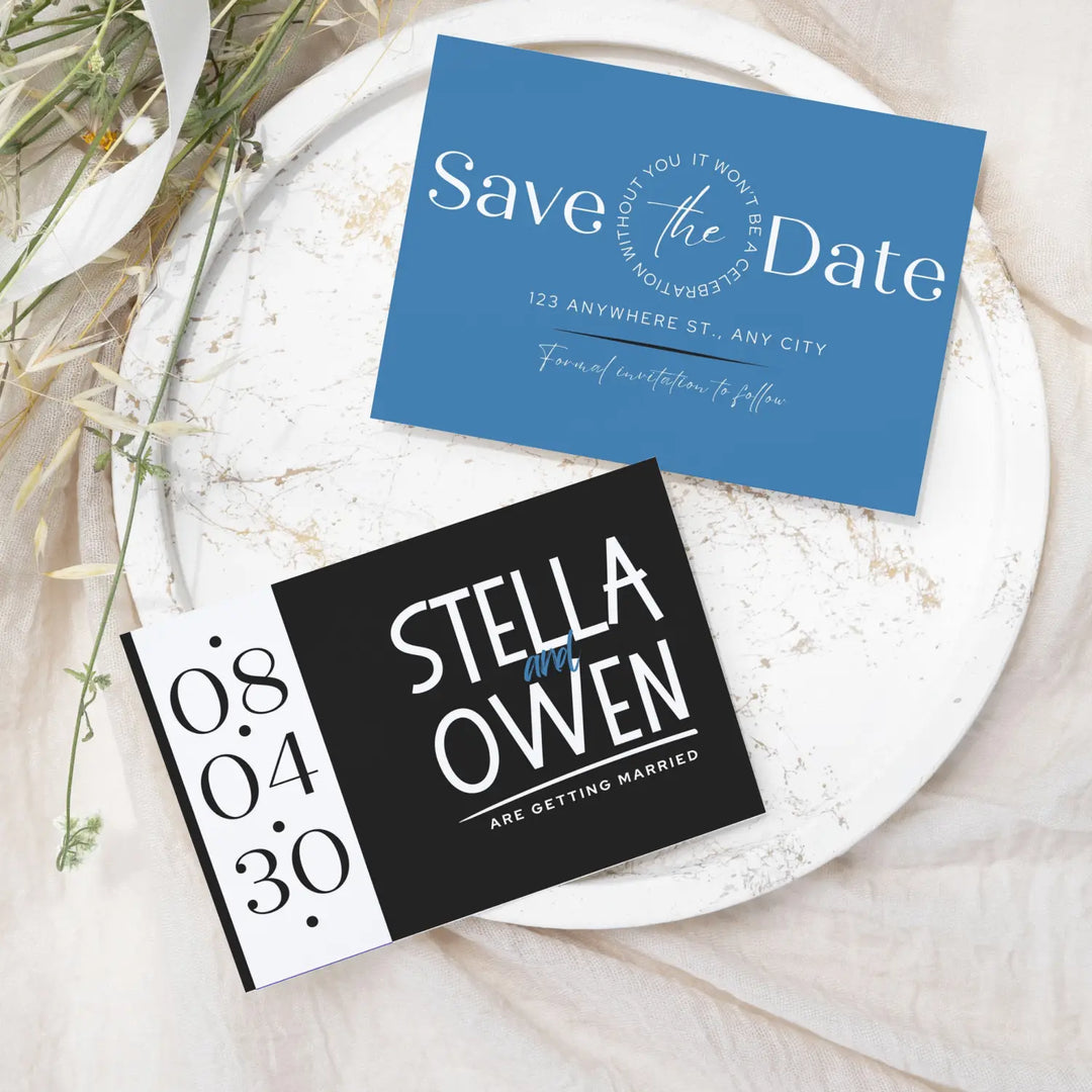 Custom Celestial Blue and Black Save the Date Cards - Personalized 4x6 Inch Invitations with Elegant Typography and White Envelopes - Perfect for Weddings, Birthdays, and Showers