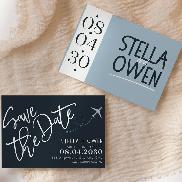 Custom Dusty Blue, Cream, and Black Save the Date Cards - Personalized 4x6 Inch Invitations with Elegant Typography and White Envelopes - Perfect for Weddings, Birthdays, and Showers