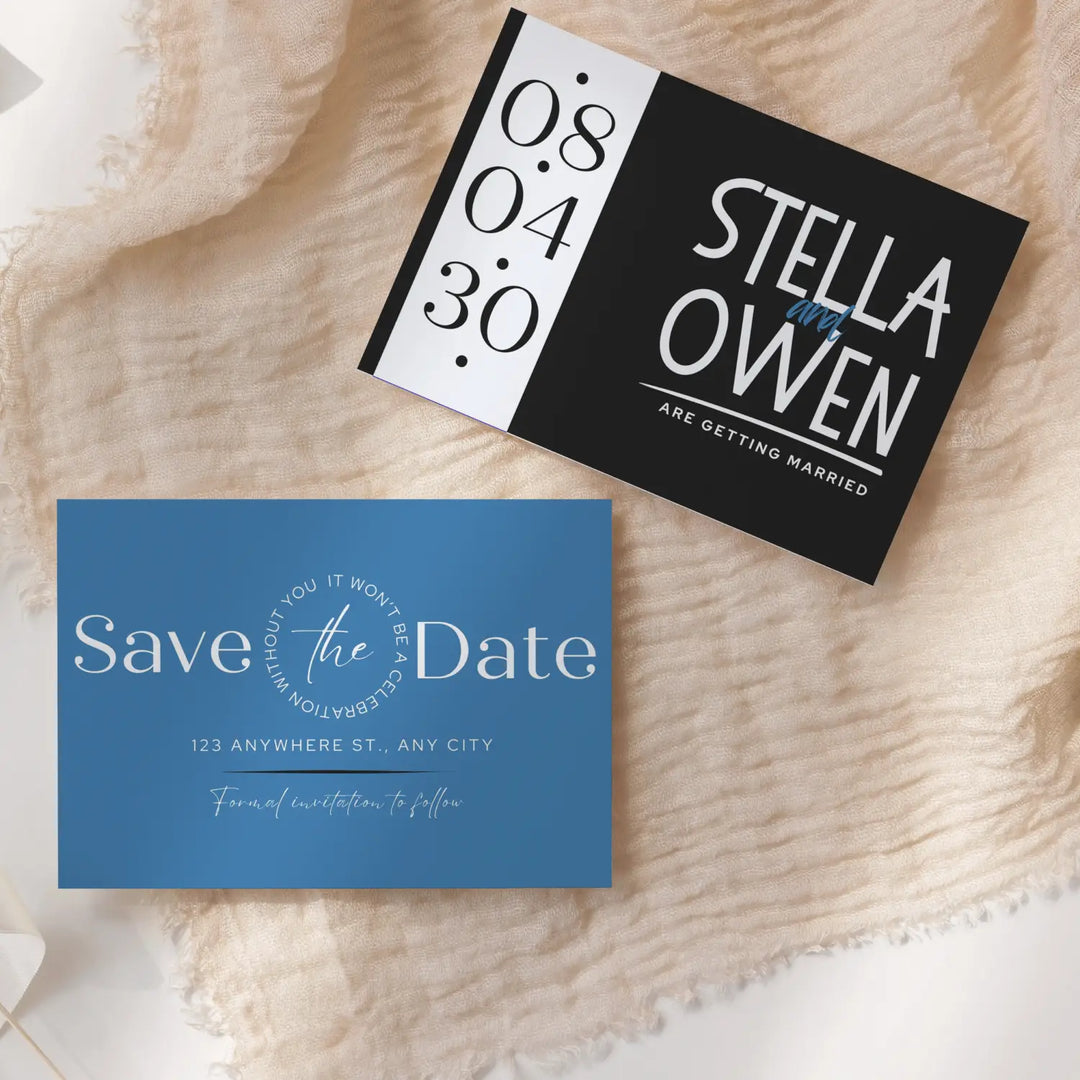 Custom Celestial Blue and Black Save the Date Cards - Personalized 4x6 Inch Invitations with Elegant Typography and White Envelopes - Perfect for Weddings, Birthdays, and Showers