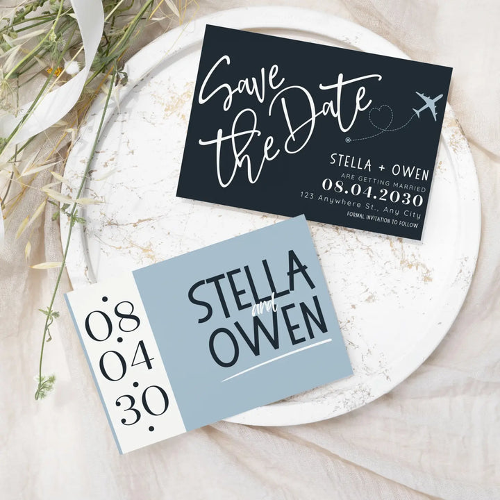 Custom Dusty Blue, Cream, and Black Save the Date Cards - Personalized 4x6 Inch Invitations with Elegant Typography and White Envelopes - Perfect for Weddings, Birthdays, and Showers