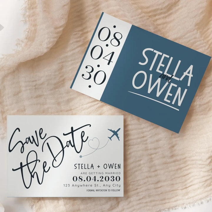 Custom Denim Blue, White, and Black Save the Date Cards - Personalized 4x6 Inch Invitations with Elegant Typography and White Envelopes - Perfect for Weddings, Birthdays, and Showers