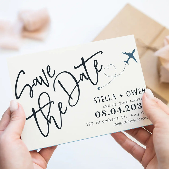 Custom Denim Blue, White, and Black Save the Date Cards - Personalized 4x6 Inch Invitations with Elegant Typography and White Envelopes - Perfect for Weddings, Birthdays, and Showers