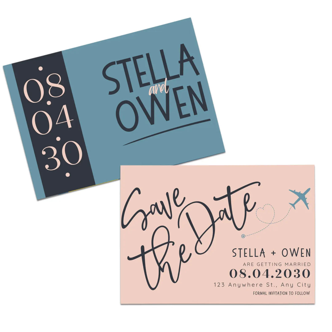 Custom Blush, Black, and Blue Save the Date Cards - Personalized 4x6 Inch Invitations with Elegant Typography and White Envelopes - Perfect for Weddings, Birthdays, and Showers