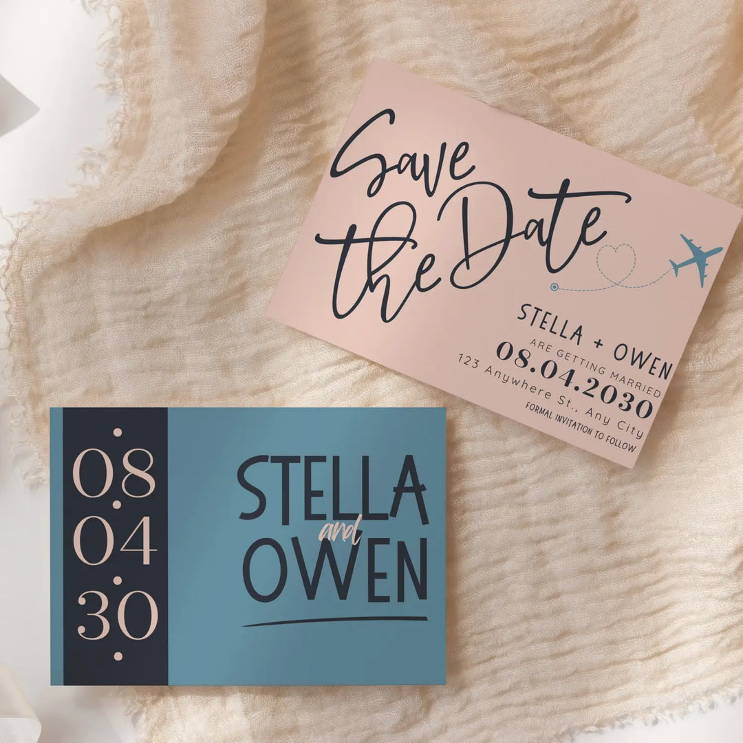 Custom Blush, Black, and Blue Save the Date Cards - Personalized 4x6 Inch Invitations with Elegant Typography and White Envelopes - Perfect for Weddings, Birthdays, and Showers