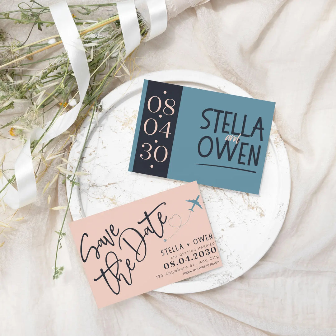 Custom Blush, Black, and Blue Save the Date Cards - Personalized 4x6 Inch Invitations with Elegant Typography and White Envelopes - Perfect for Weddings, Birthdays, and Showers