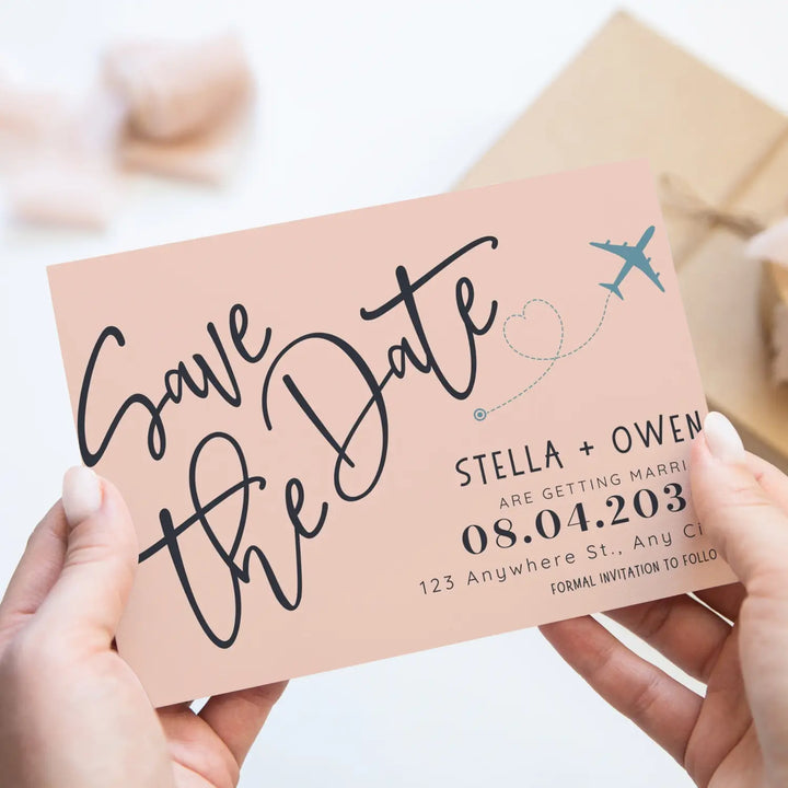 Custom Blush, Black, and Blue Save the Date Cards - Personalized 4x6 Inch Invitations with Elegant Typography and White Envelopes - Perfect for Weddings, Birthdays, and Showers