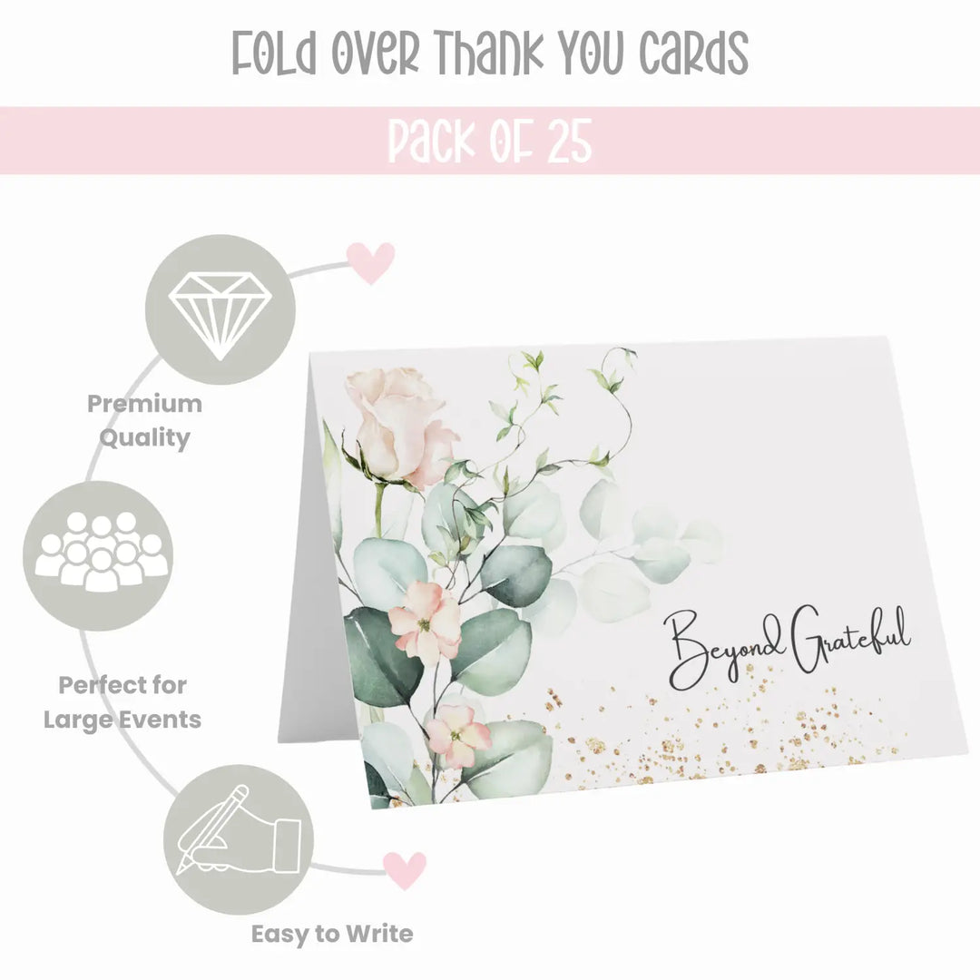 Blush Blooms Floral Thank You Cards - 25-Pack Exquisite Notecards for Bridal Showers, Weddings - Paper Clever Party