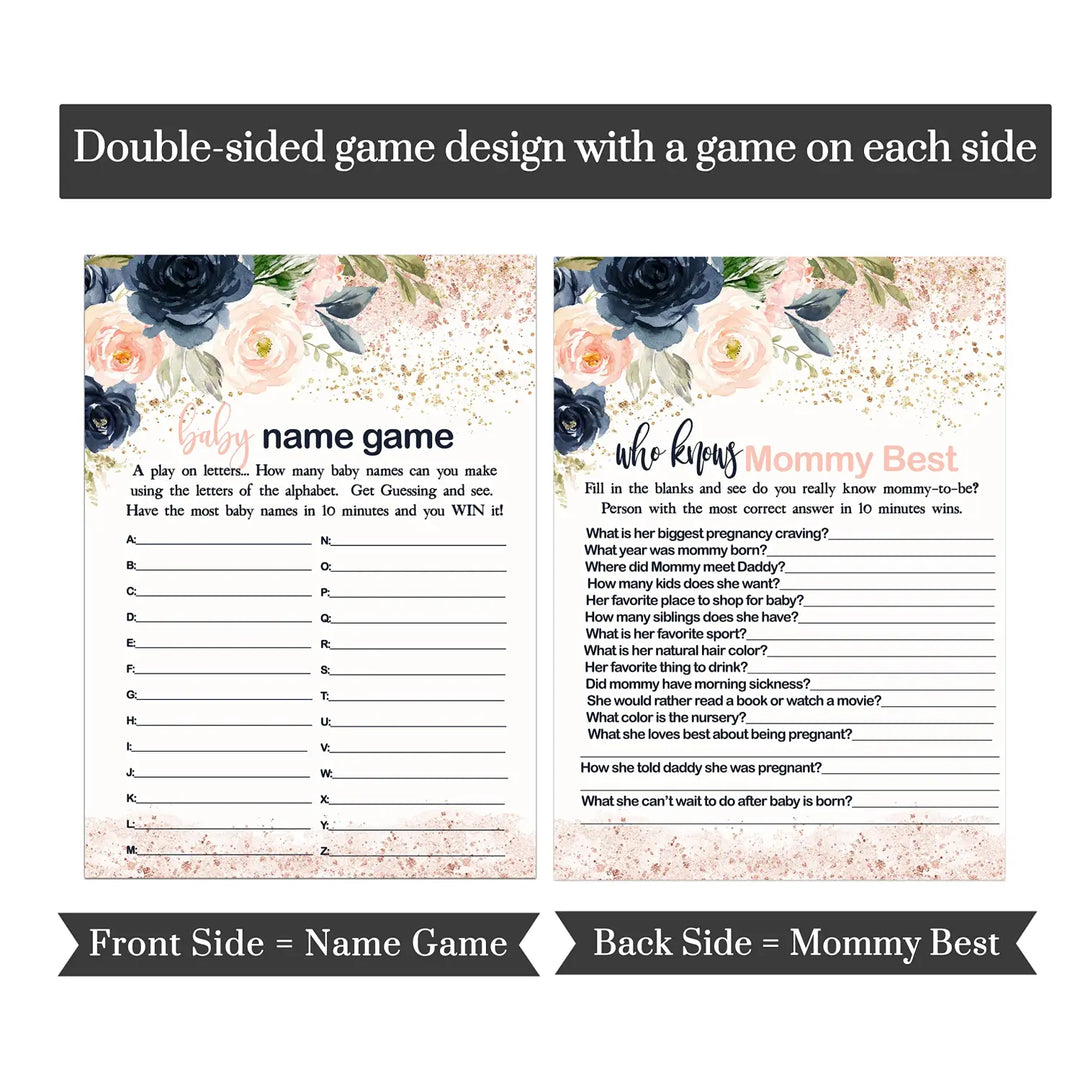 “Blushing Blossoms” - Floral Baby Shower Game Set for Girls, 5x7 Double-Sided Cards (25 ct) - Paper Clever Party