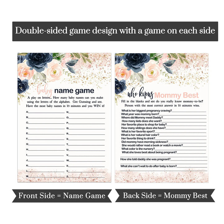 “Blushing Blossoms” - Floral Baby Shower Game Set for Girls, 5x7 Double-Sided Cards (25 ct) - Paper Clever Party