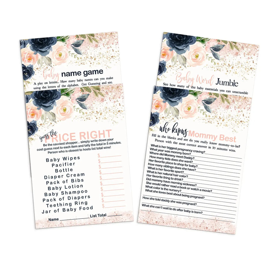 “Blushing Blossoms” - Floral Baby Shower Game Set for Girls, 5x7 Double-Sided Cards (25 ct) - Paper Clever Party