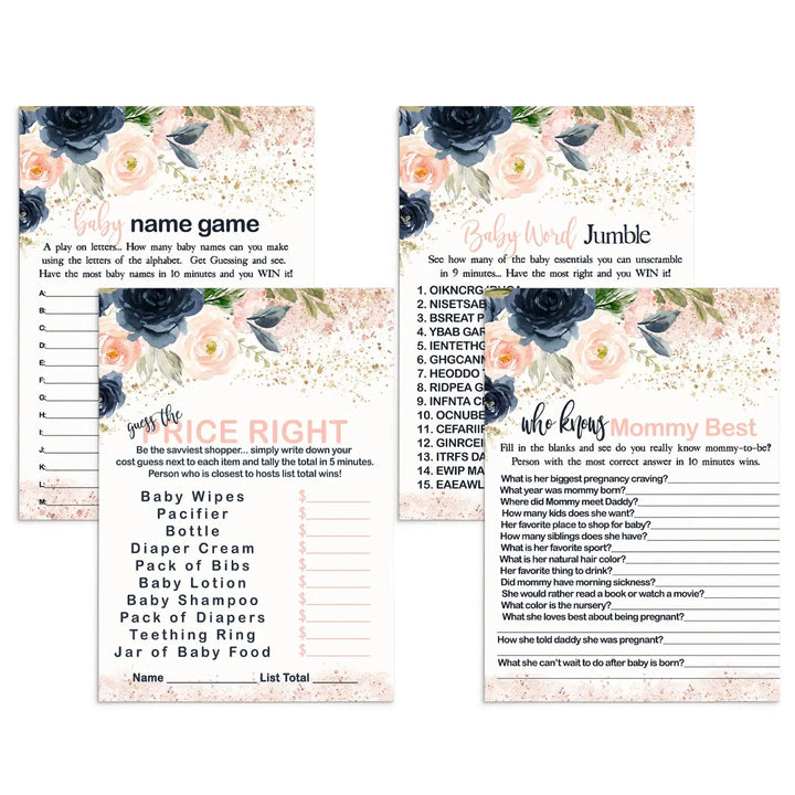 “Blushing Blossoms” - Floral Baby Shower Game Set for Girls, 5x7 Double-Sided Cards (25 ct) - Paper Clever Party