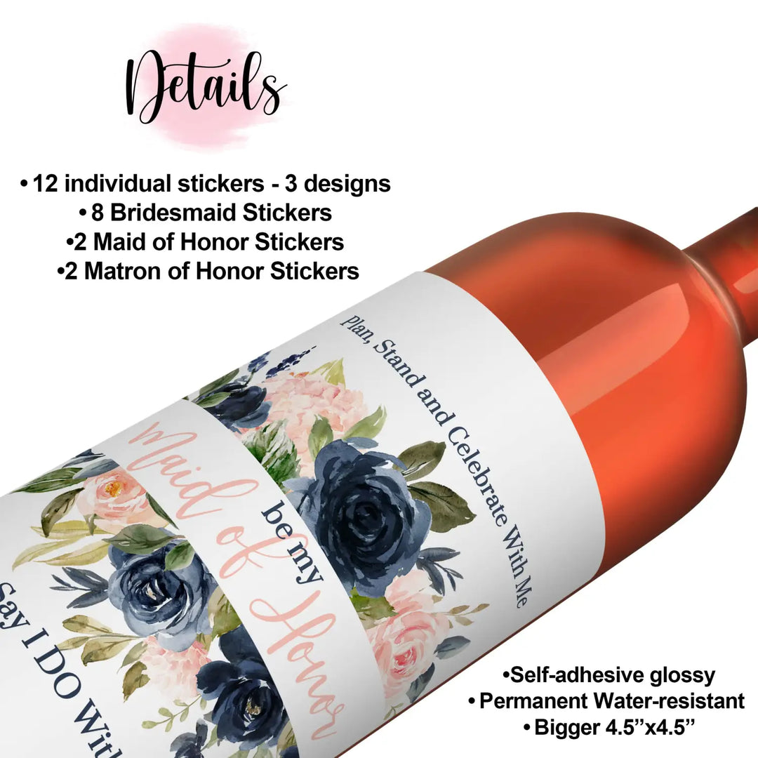 ‘Blushing Bridesmaid’ Wine Bottle Labels - Pack of 12 - Maid & Matron of Honor Proposal Stickers - Paper Clever Party