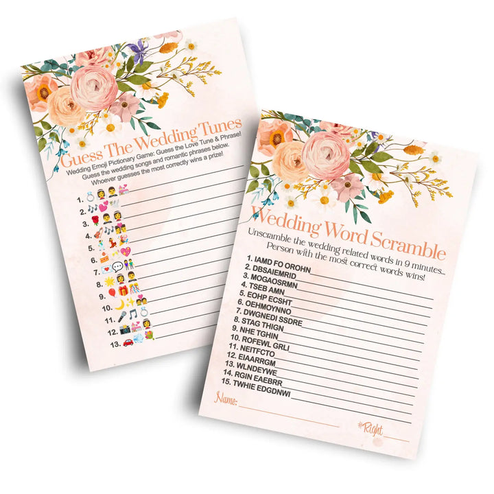 Boho bridal shower games (25 each) wedding song pictionary and word scramble fun guess activity for guests engagement