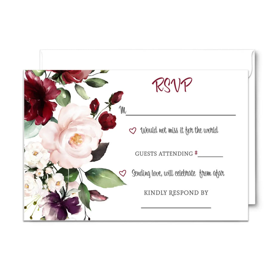 Boho Burgundy Blossom RSVP Cards Contemporary Floral, 3.5x5, Pack of 25 - Paper Clever Party