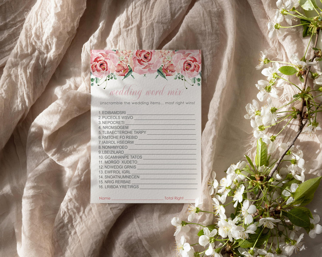 Boho Pink Word Scramble Charming Floral Bridal Shower Game - 5x7 Cards for 25 Guests - Paper Clever Party