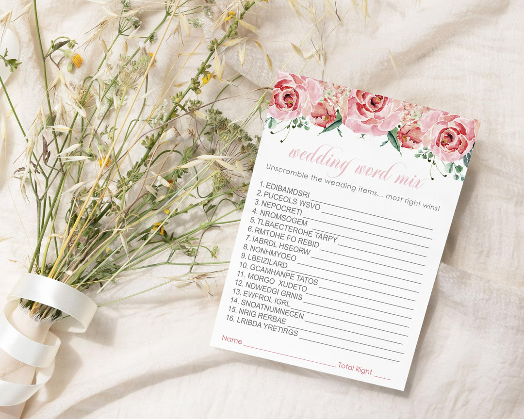 Boho Pink Word Scramble Charming Floral Bridal Shower Game - 5x7 Cards for 25 Guests - Paper Clever Party