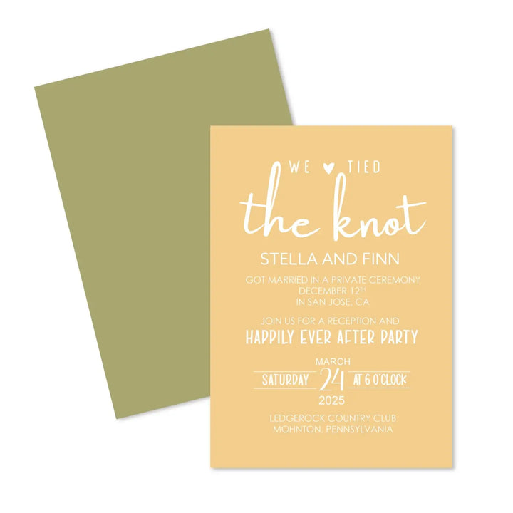 Boho sunset we tied the knot wedding reception invitations - customizable details premium 120lb cardstock & envelopes