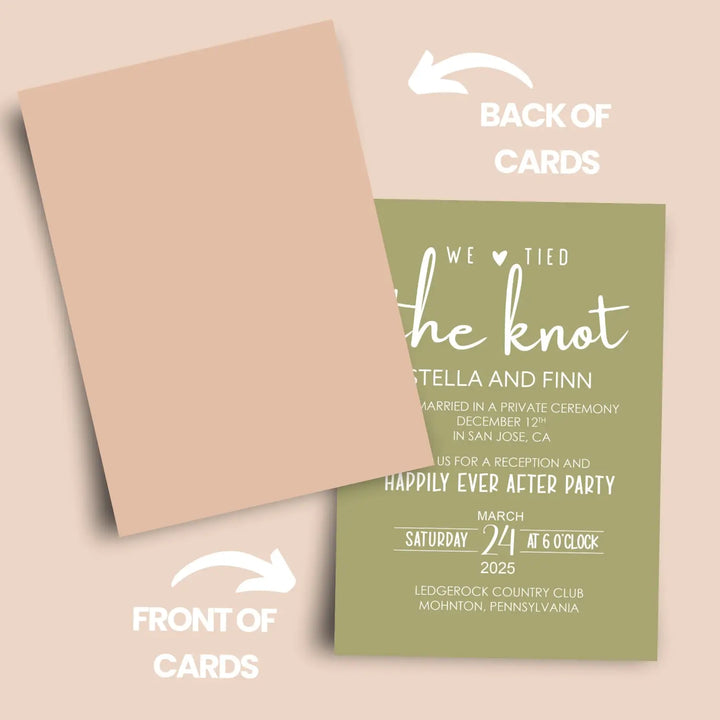 Boho sunset we tied the knot wedding reception invitations - customizable details premium 120lb cardstock & envelopes