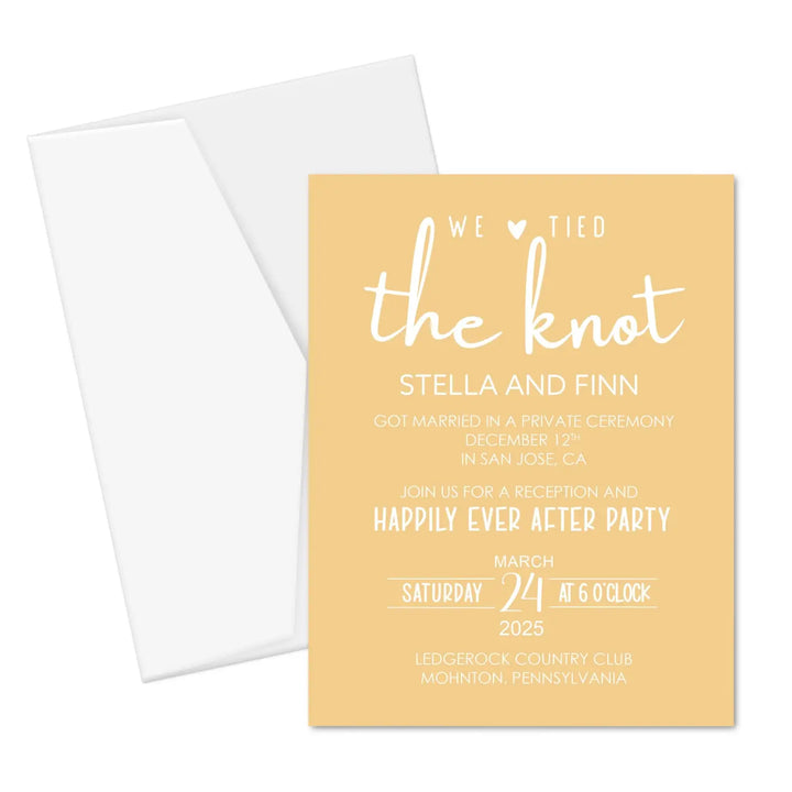 Boho sunset we tied the knot wedding reception invitations - customizable details premium 120lb cardstock & envelopes
