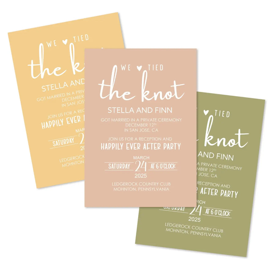 Boho sunset we tied the knot wedding reception invitations - customizable details premium 120lb cardstock & envelopes