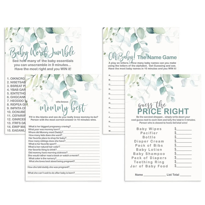 Botanical Bliss - Eucalyptus & Gold Baby Shower Game Set, 5x7 Double-Sided Cards (25 ct) - Paper Clever Party