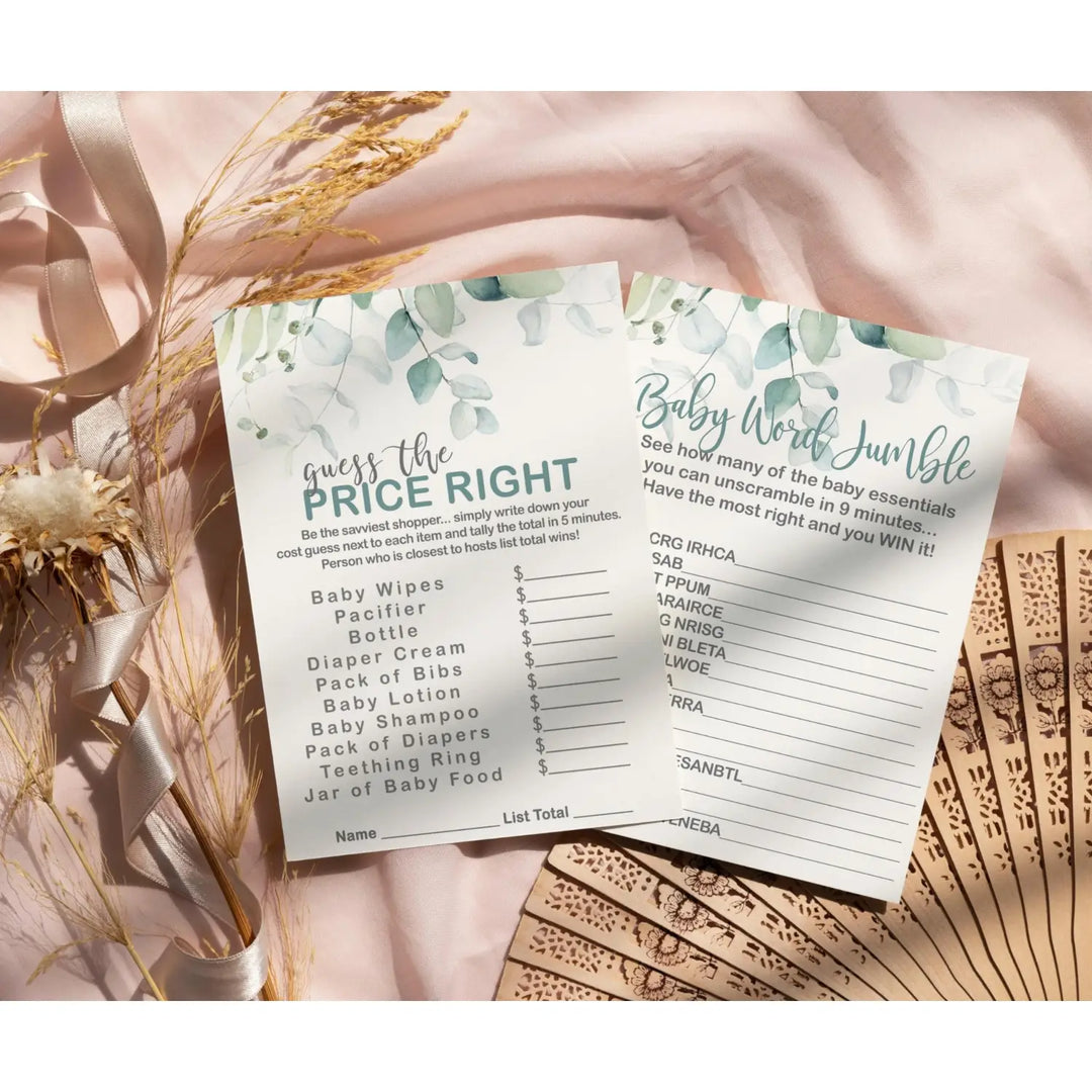 Botanical Bliss - Eucalyptus & Gold Baby Shower Game Set, 5x7 Double-Sided Cards (25 ct) - Paper Clever Party