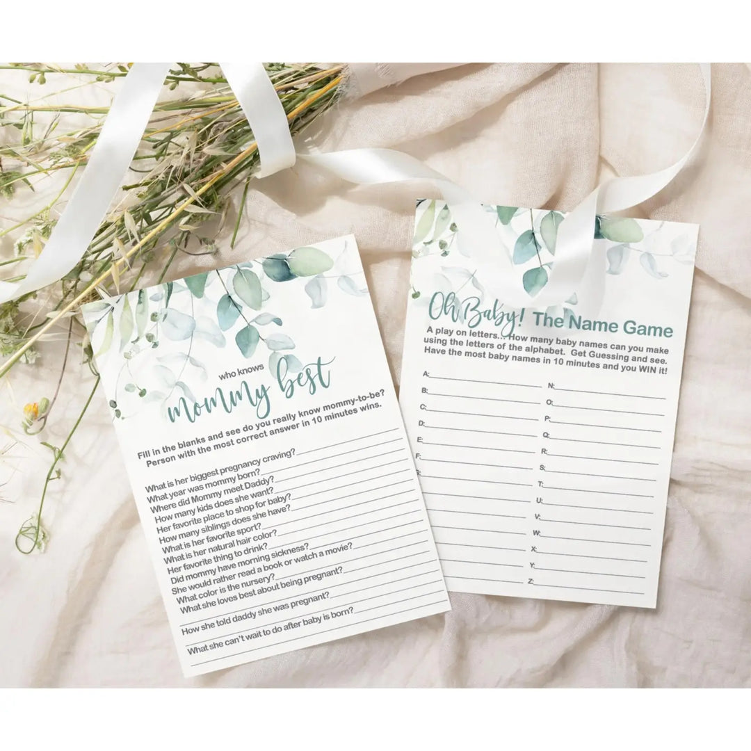 Botanical Bliss - Eucalyptus & Gold Baby Shower Game Set, 5x7 Double-Sided Cards (25 ct) - Paper Clever Party