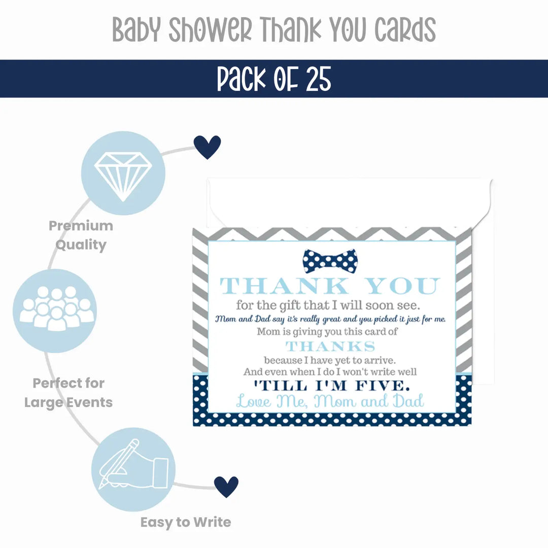 Bow Tie Baby Shower Thank You Cards for Boys – Personalized Notes (Pack of 25) - Paper Clever Party