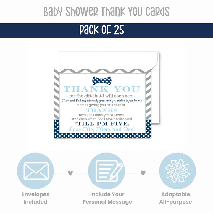 Bow Tie Baby Shower Thank You Cards for Boys – Personalized Notes (Pack of 25) - Paper Clever Party