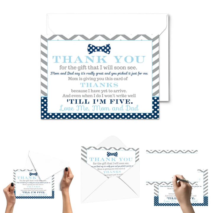 Bow Tie Baby Shower Thank You Cards for Boys – Personalized Notes (Pack of 25) - Paper Clever Party