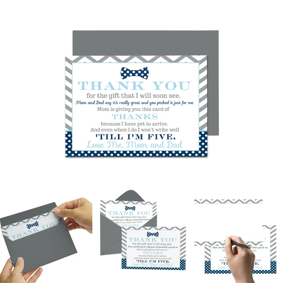 Bow Tie Boys Baby Shower Thank You Cards - 15 Pack Elegant Notecards with Gray Envelopes, 4x6 - Paper Clever Party