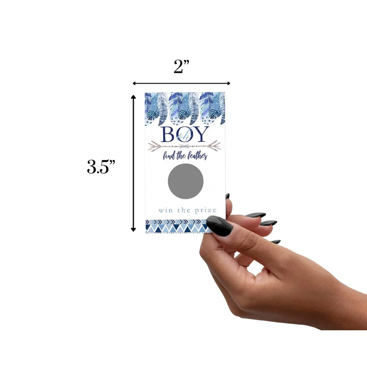 Boys Baby Shower Adventure Awaits Scratch Off Game Cards (30 Pack) - Blue Boho Feather Party Favors - Paper Clever Party