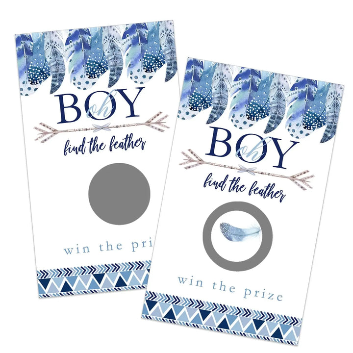 Boys Baby Shower Adventure Awaits Scratch Off Game Cards (30 Pack) - Blue Boho Feather Party Favors - Paper Clever Party