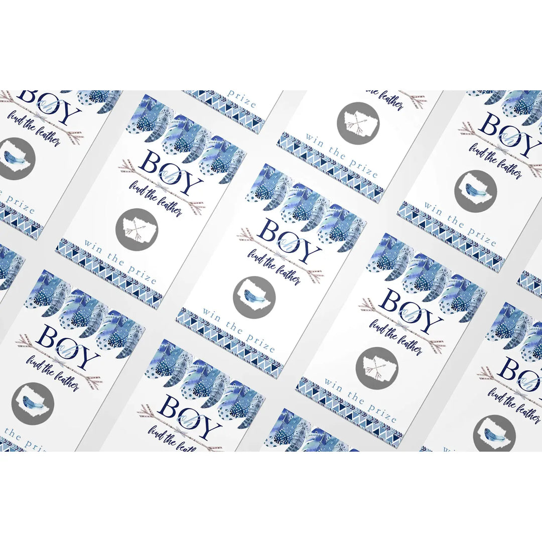 Boys Baby Shower Adventure Awaits Scratch Off Game Cards (30 Pack) - Blue Boho Feather Party Favors - Paper Clever Party