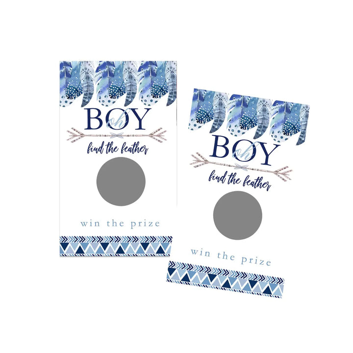 Boys Baby Shower Adventure Awaits Scratch Off Game Cards (30 Pack) - Blue Boho Feather Party Favors - Paper Clever Party