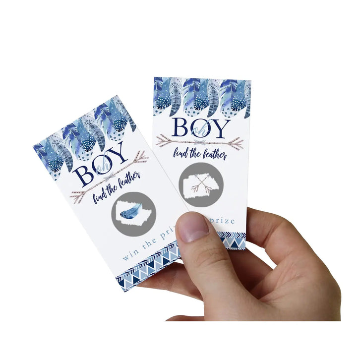 Boys Baby Shower Adventure Awaits Scratch Off Game Cards (30 Pack) - Blue Boho Feather Party Favors - Paper Clever Party