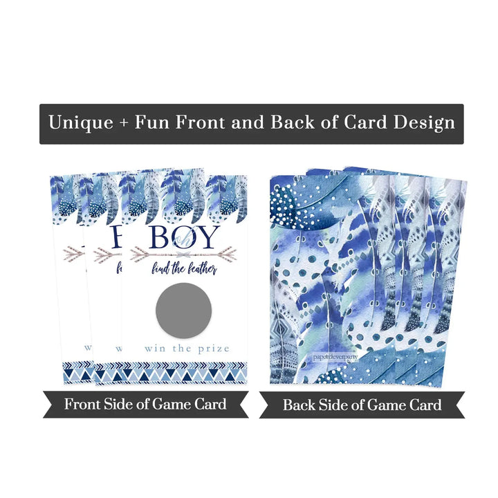 Boys Baby Shower Adventure Awaits Scratch Off Game Cards (30 Pack) - Blue Boho Feather Party Favors - Paper Clever Party