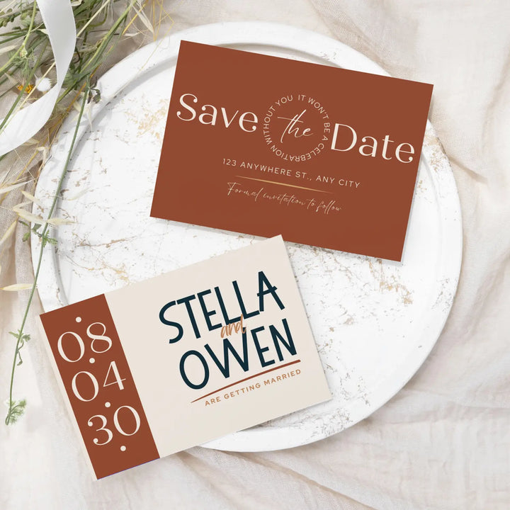 Custom Tuscan Sun, Tan, and Black Save the Date Cards - Personalized 4x6 Inch Invitations with Elegant Typography and White Envelopes - Perfect for Weddings, Birthdays, and Showers